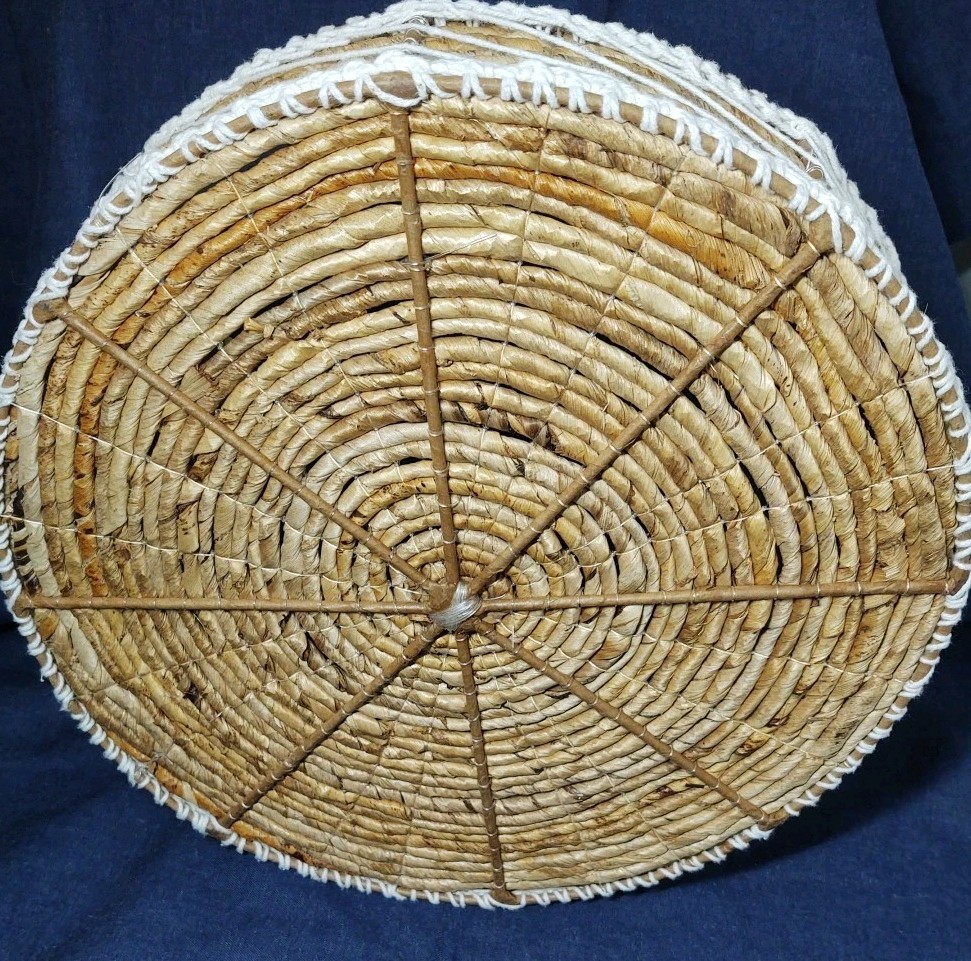 🧺Round Basket 16” X 4” BOHO Woven Tray Wooden 18mm Ball Handles Cotton Details