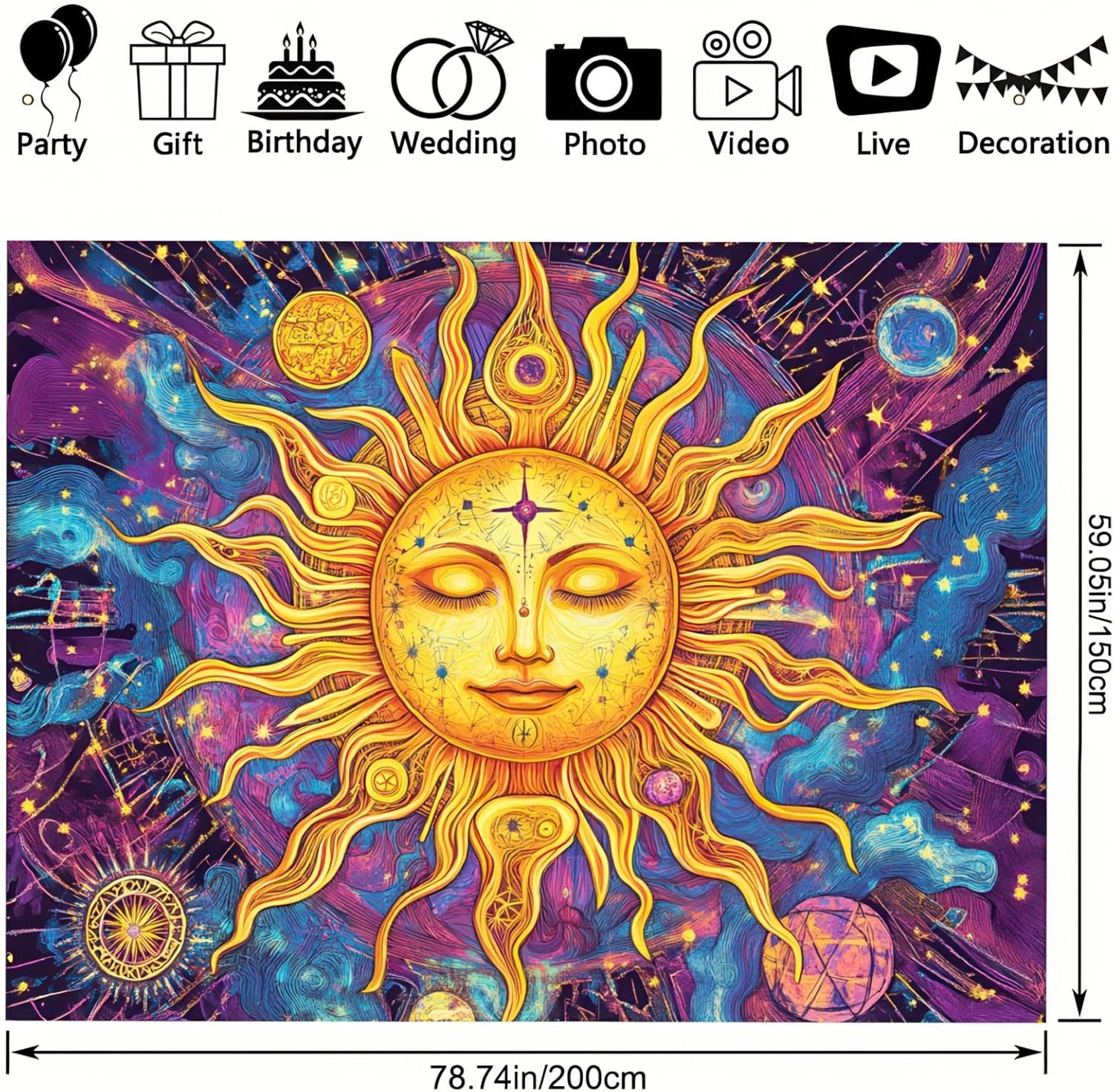 Blacklight Tapestry UV Reactive Sun God Face Backdrop 78X59 Glow in the Dark Tap