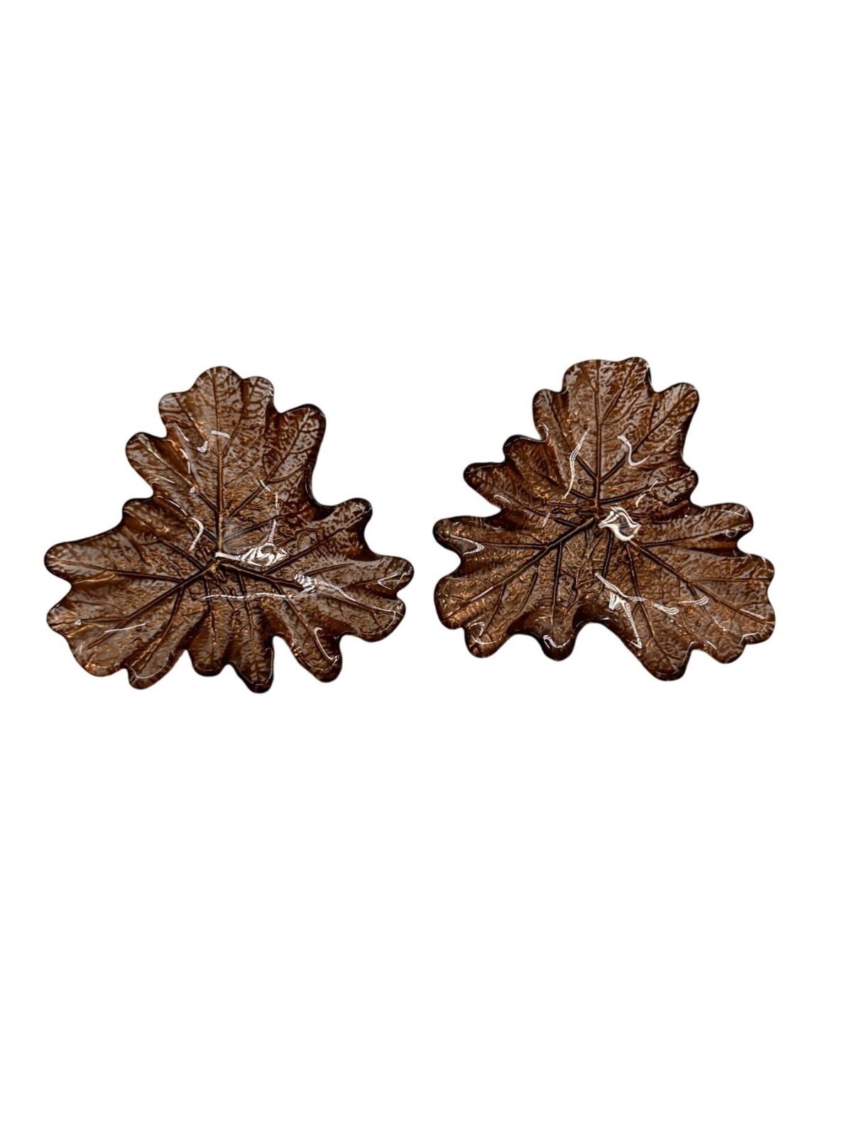 Set Of 2 Leaf-Shaped Brown Glass Decorative Plates amber dish trinket 7 inch