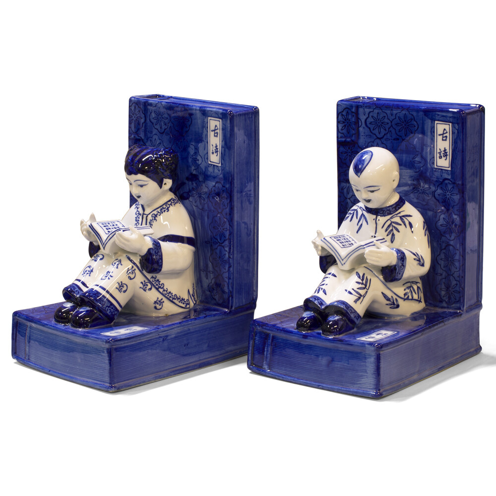 US Seller – Blue and White Porcelain Reading Boy and Girl Asian Bookends