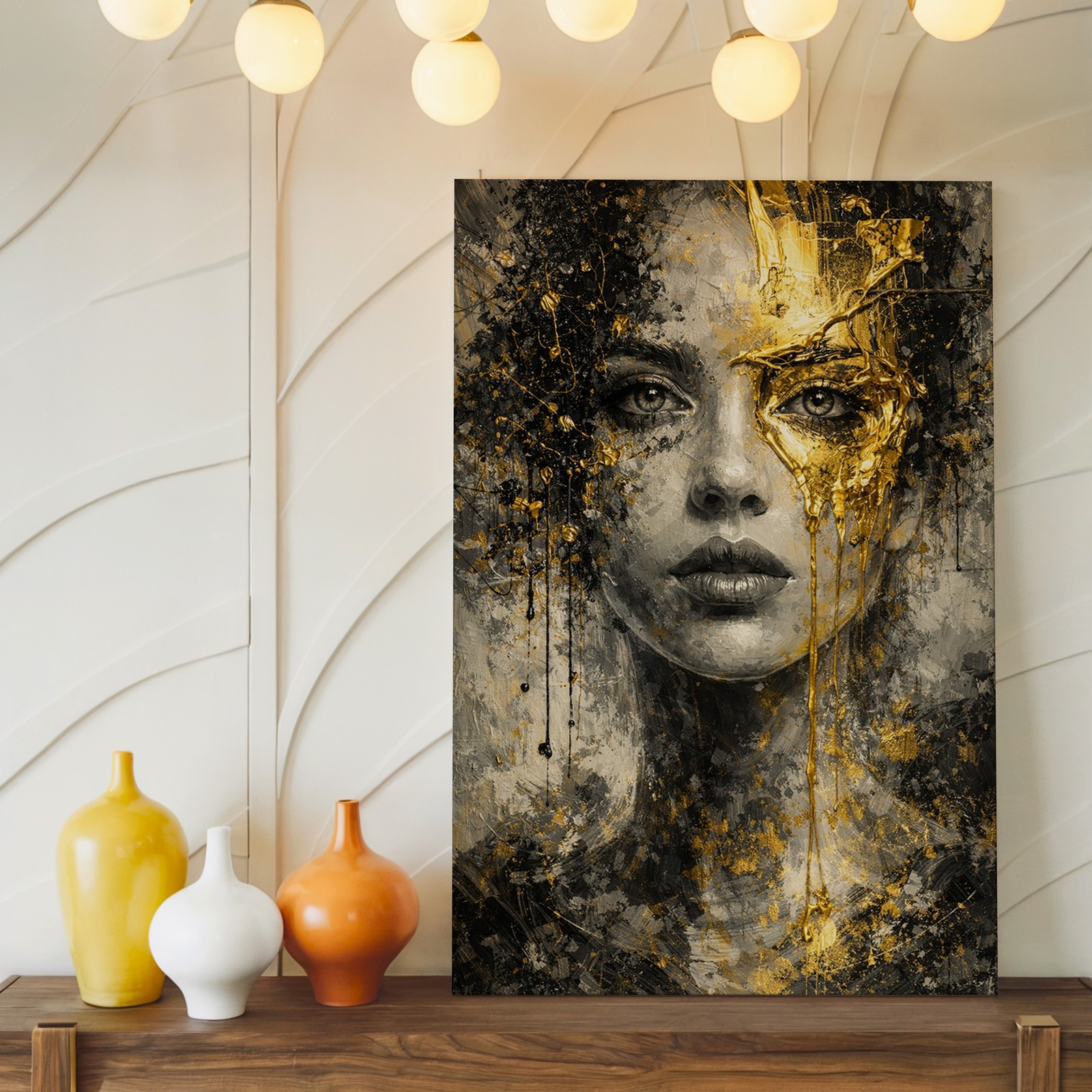 Abstract Modern Woman Face Canvas Wall Art Gold Black Textured Contemporary