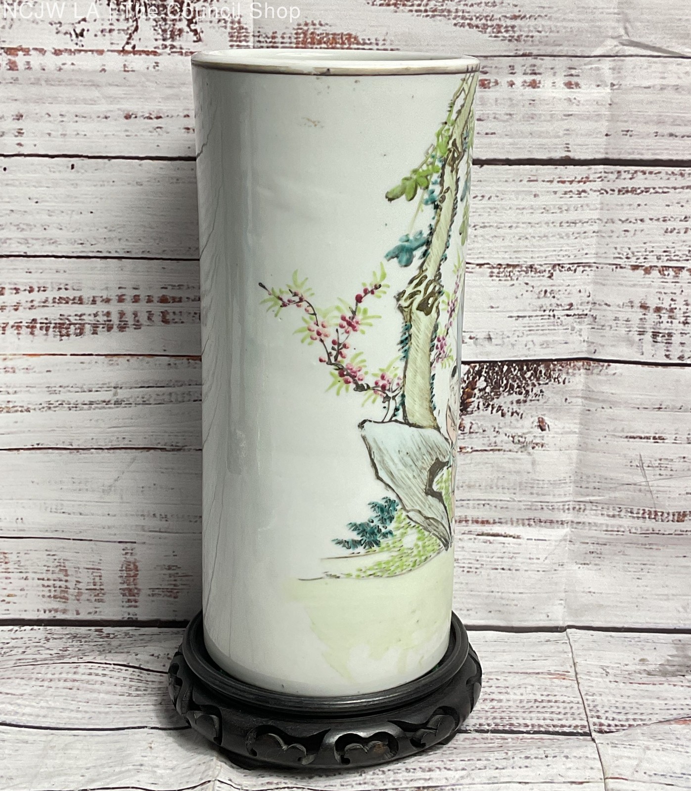 Vintage Mid 20th Century Chinese Cylindrical Vase with Stand Multicolor