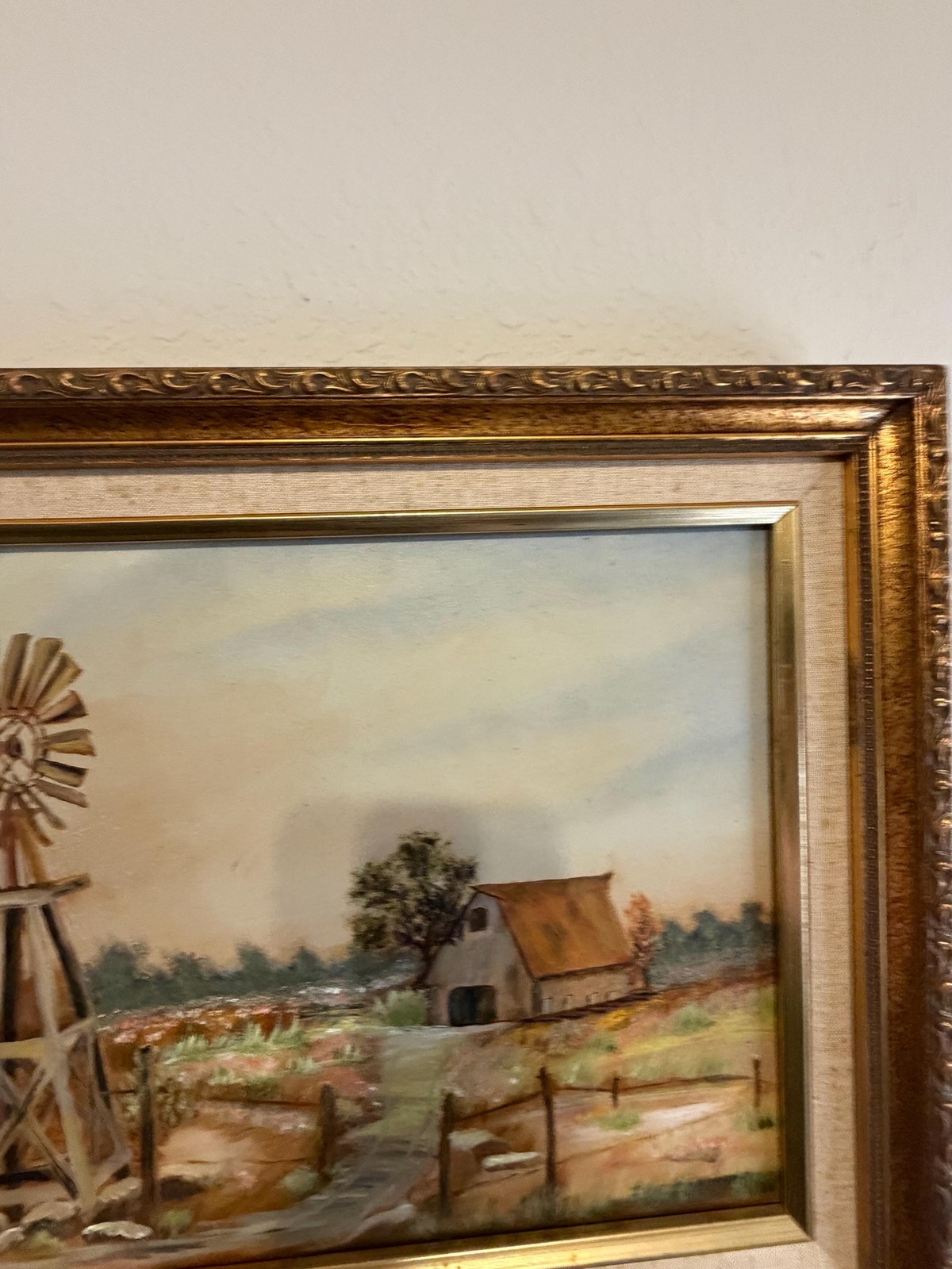 Vintage Oil Painting Signed Iva Frazier Windmill Barn Farm Landscape