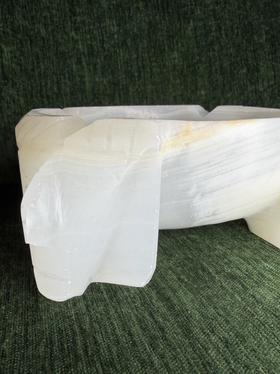 Vtg Mid Century Mexican White Onyx Bowl Sculptural Hand Carved Mesoamerican 3lb