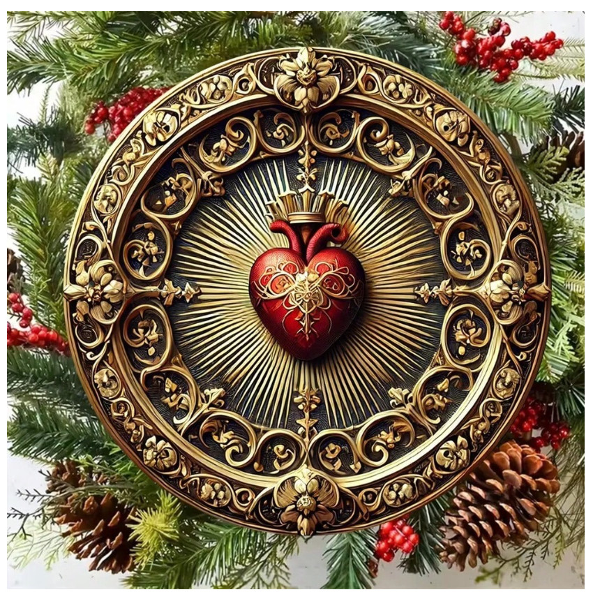 Vintage Sacred Heart Aluminum Wall Art – Golden Red Religious Decor, Home Office
