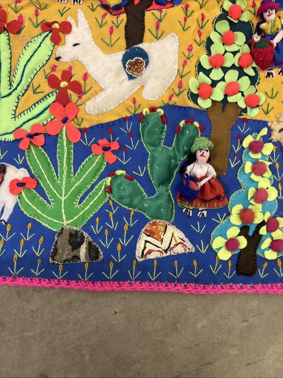 Handmade Peruvian Arpillera 3D Applique Wall Hanging 18×19 Andean Village Scene