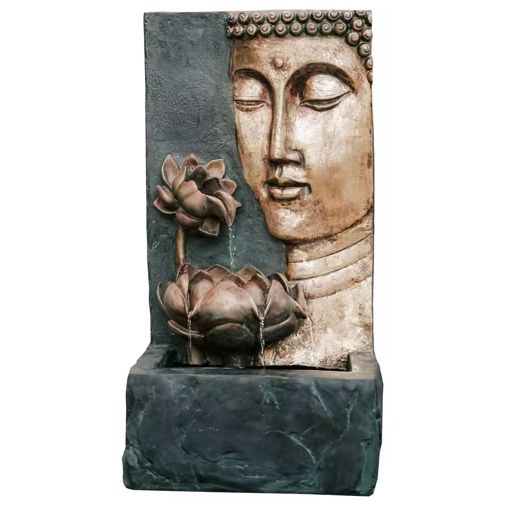 30 In. Tal, Bronze and Natural Grey Cascading Lotus Buddha Face Indoor Outdoor Z