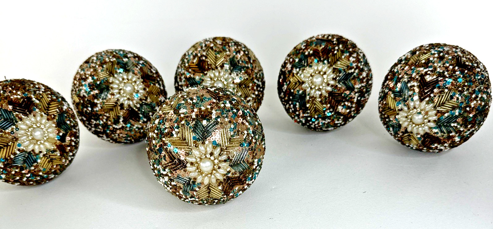 6 Peacock Decorative Orbs Balls 4” Covered In Beads & Sequens Multi Colors