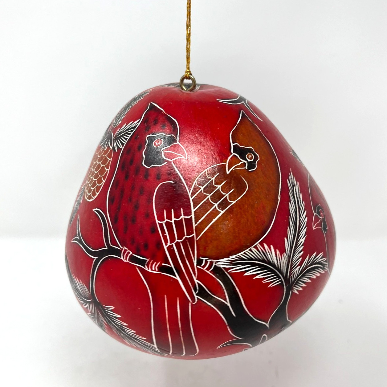 Carved & Etched Lucuma Hanging Gourd Cardinals Birds, Branches, Pinecones Peru