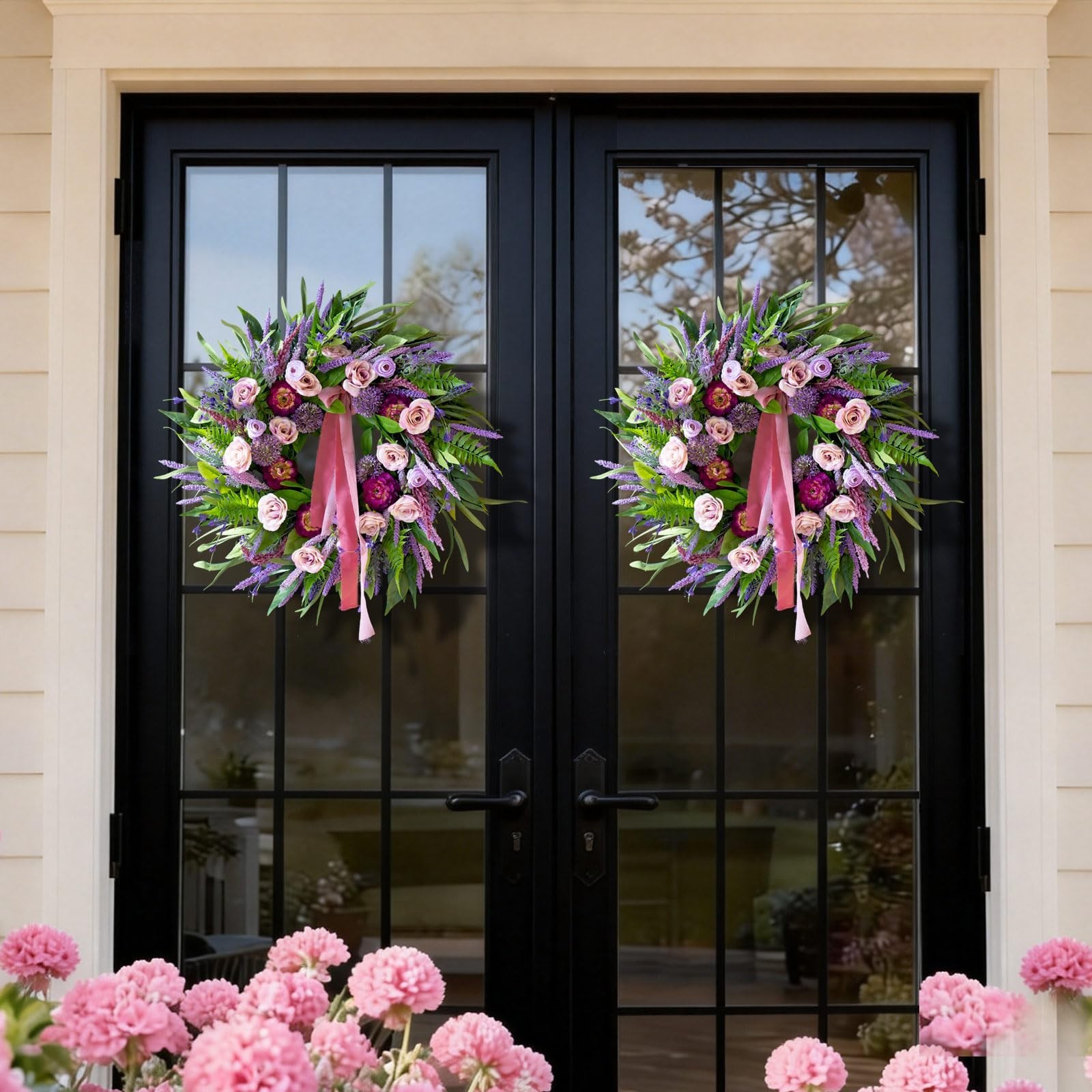 Spring Wreaths for Front Door 24 Inch Luxury Lavender Summer Wreath with Pink…