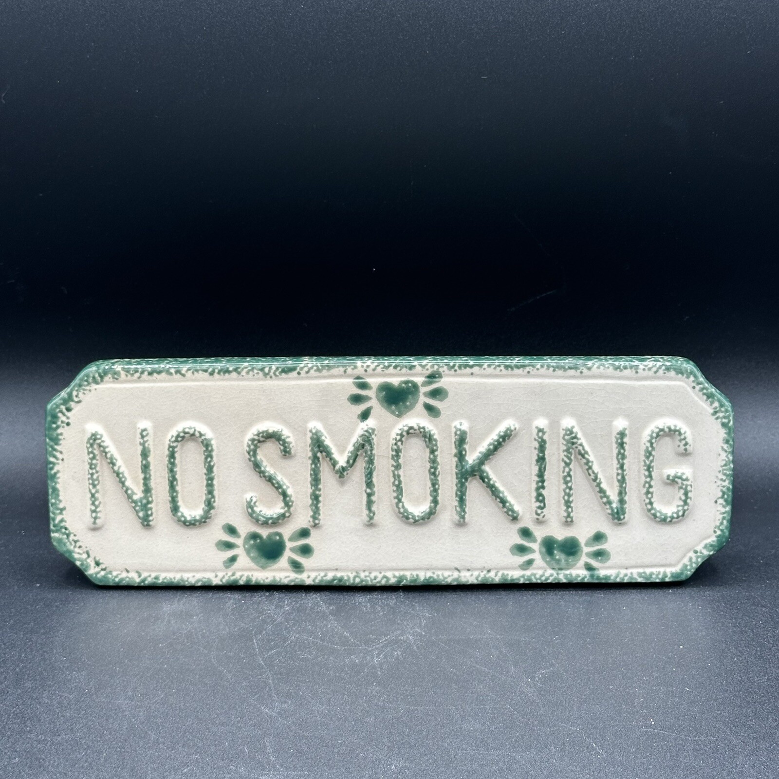 Vintage 1997 Loomco NO SMOKING Sign Glazed Ceramic White Green Spongeware