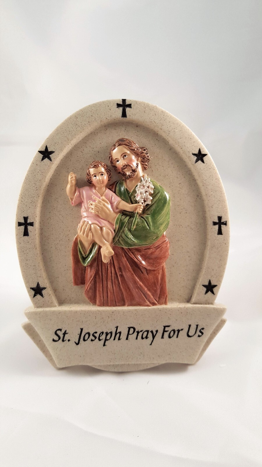 “St. Joseph and Baby Jesus” Hand Painted High Relief Plaque. 5 x4 inches