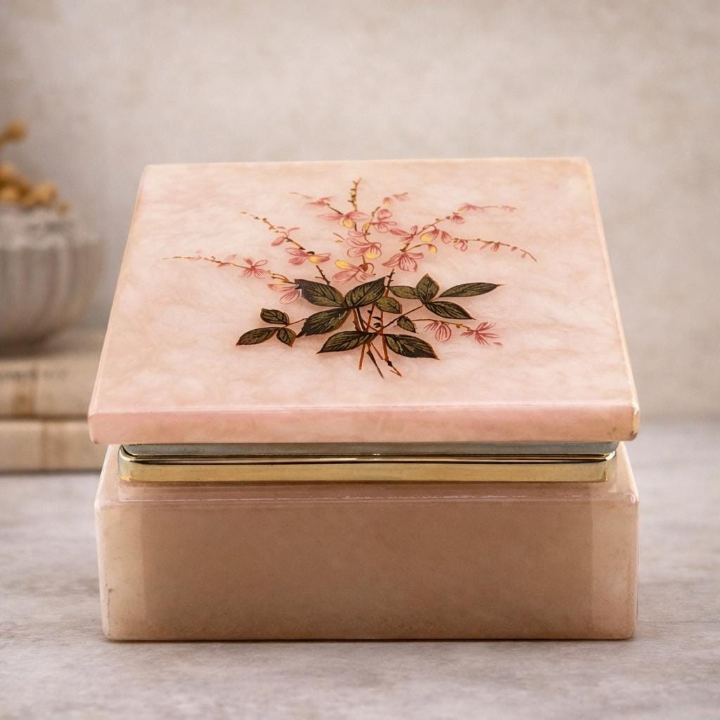 Italian Alabaster Jewelry Box Himark Hand Painted Floral Metal Hinge