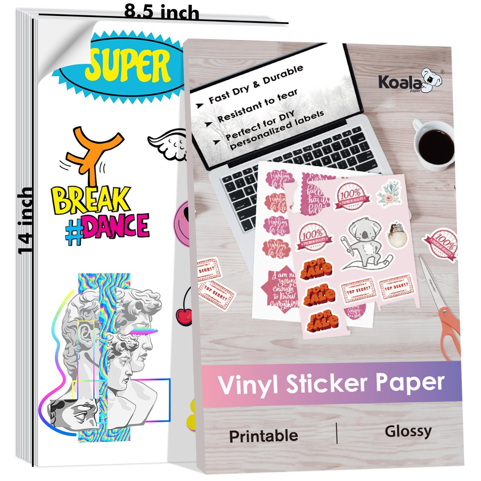 Lot 20-100PK KOALA Printable Vinyl Sticker Paper Waterproof 8.5×14 Glossy White