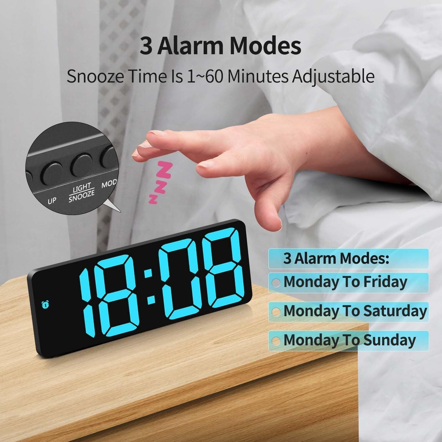 Small Digital Clock, 6.5 Inch LED Display with Light Blue Digits, 3 Levels Brigh
