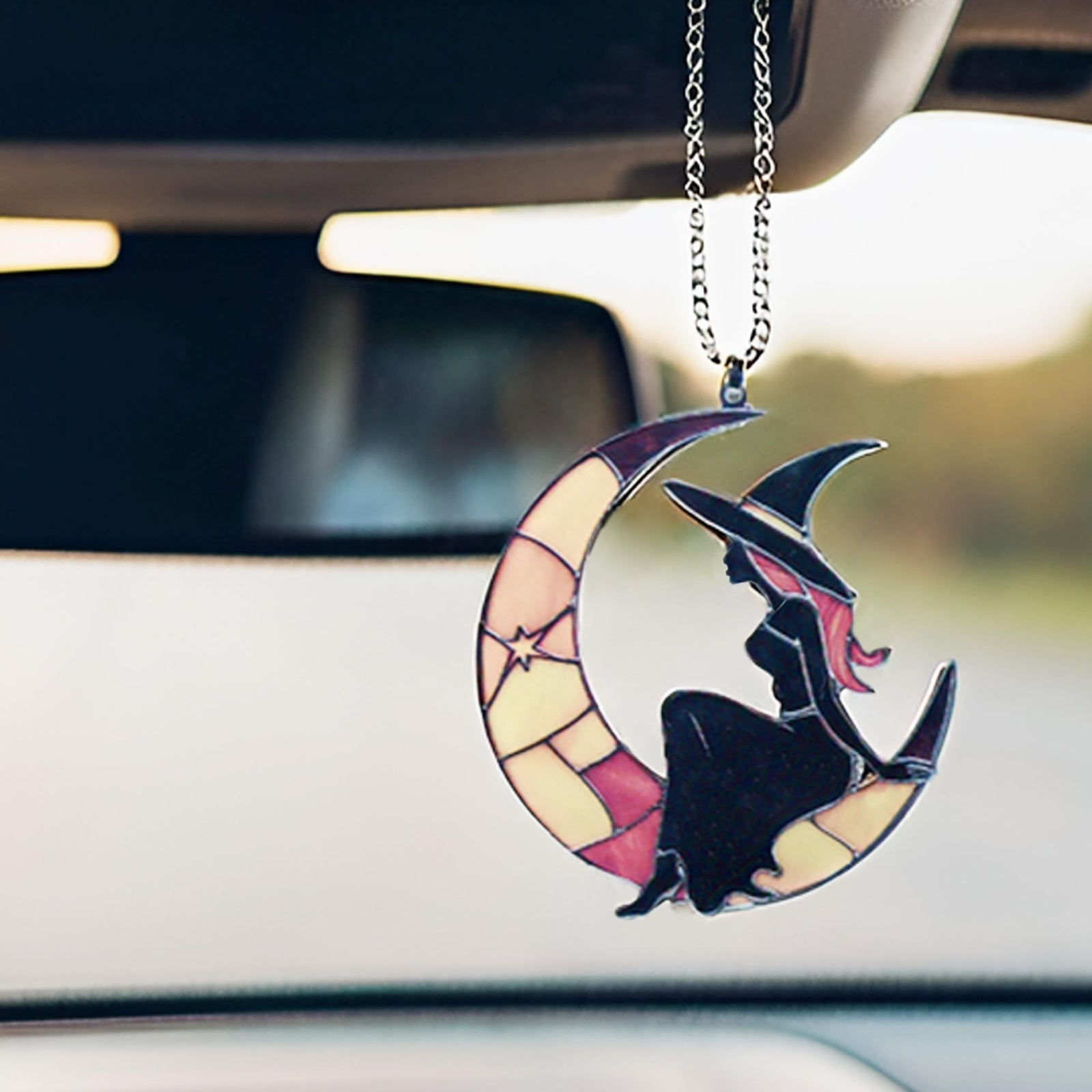 Moon Witch Car Hanging Ornament Cute Rear View Mirror Decoration Mirror Charm…