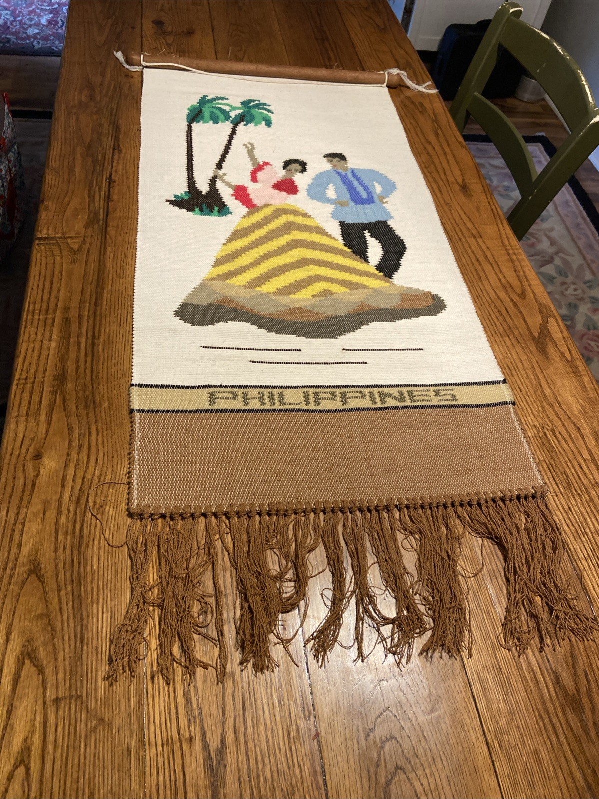 VTG Philippines Traditional Dancing W/Dancer & Palm Woven Tapestry Wall Hang