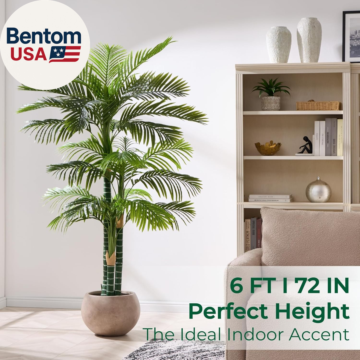 6FT Tall Triple Golden Cane Palm Tree (1 Pack), Large Faux Plants, UV Resistant