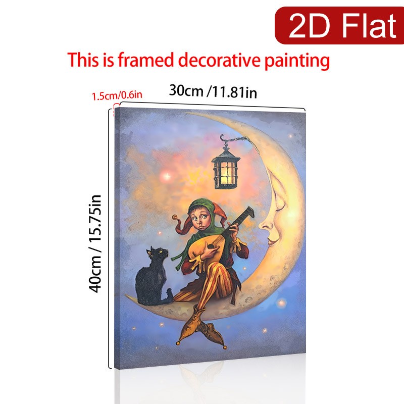 Jester with Black Cat on Crescent Moon Canvas Wall Art, Whimsical Fantasy Decor