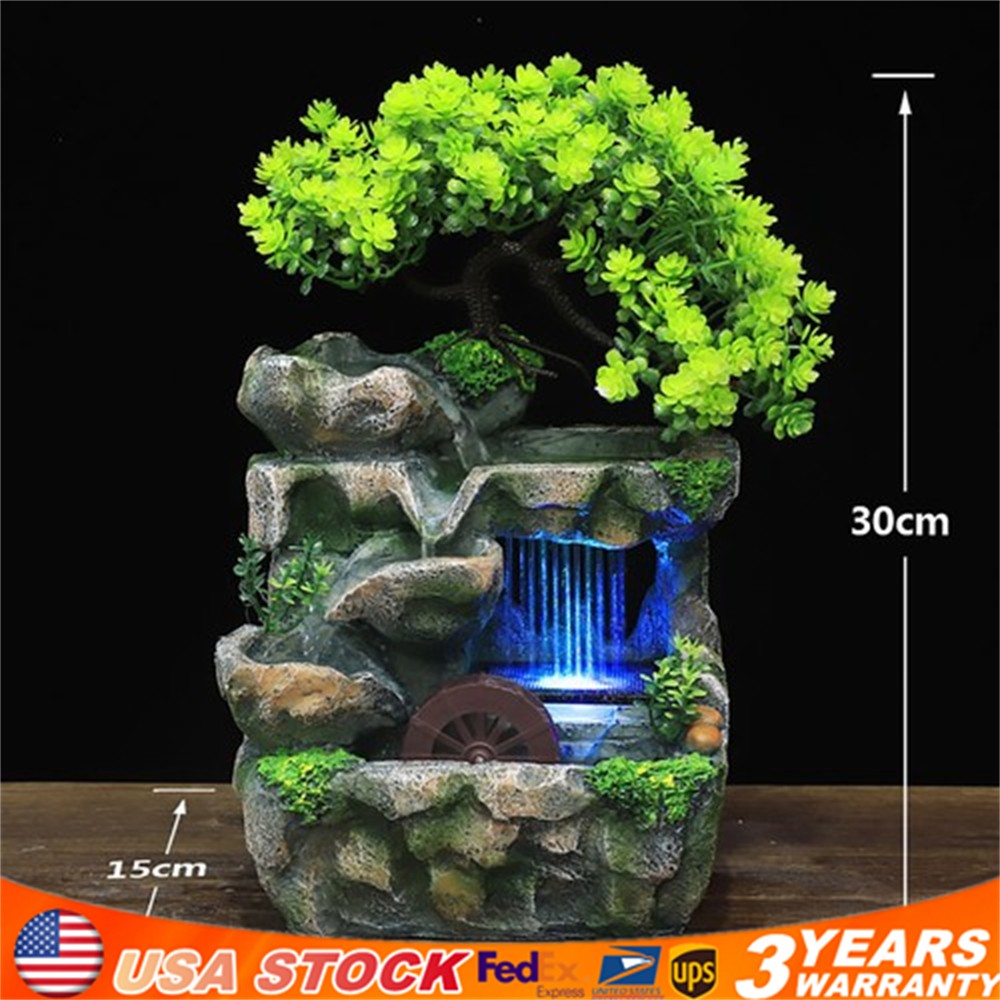 Resin Tabletop Rockery Fountain Waterfall Bonsai w/ LED Light Home Office Decor