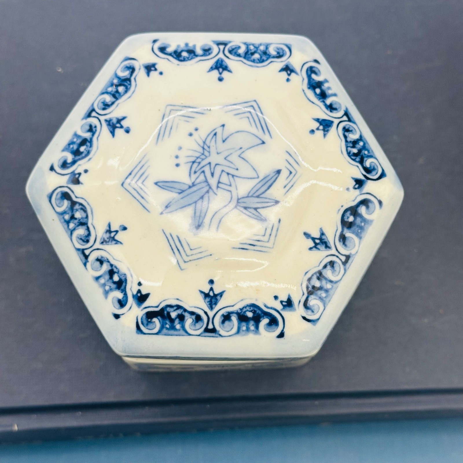Blue and White Porcelain Hexagon Floral Trinket Box Chinoiserie Decor