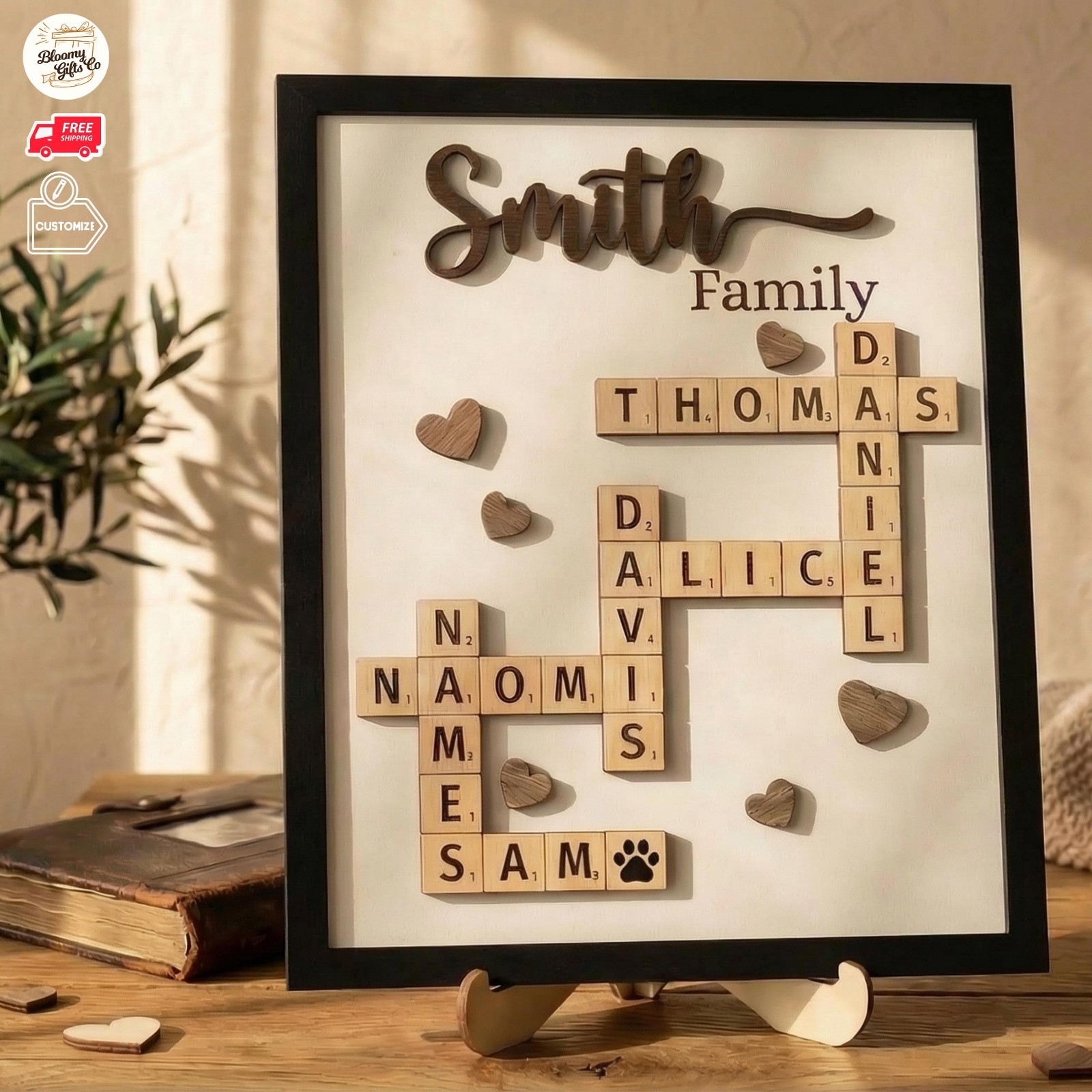 Personalized Family Crossword Puzzle Custom Scrabble Name Wood Frame Dad Gift