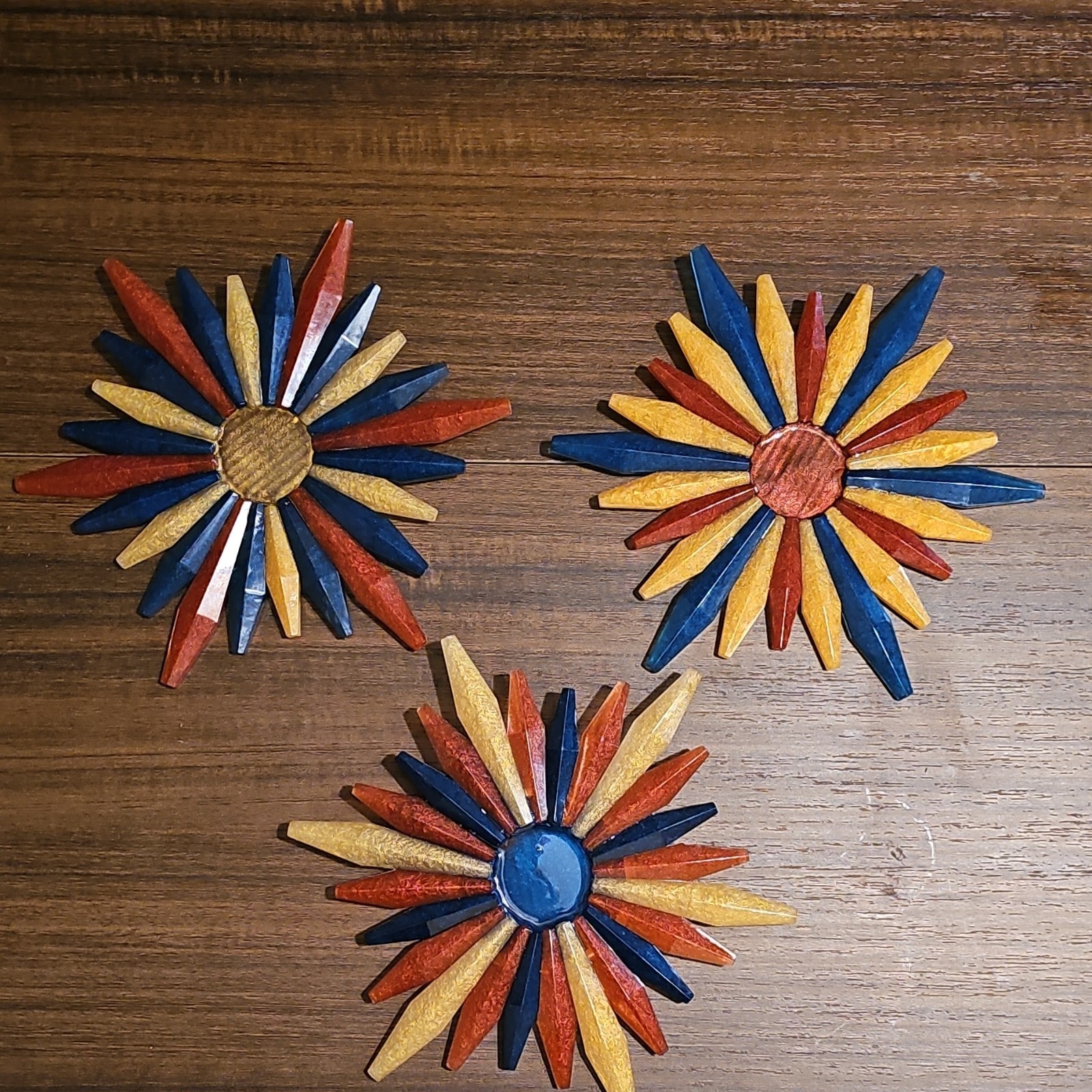 Resin Sunburst Wall decor hanging. Set of 3 colors Blue bronze gold Folk Art.