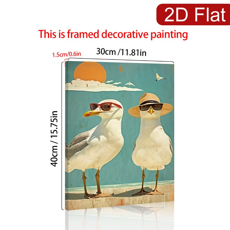 Cool Seagulls with Sunglasses on the Beach Canvas Wall Art, Funny Coastal Decor