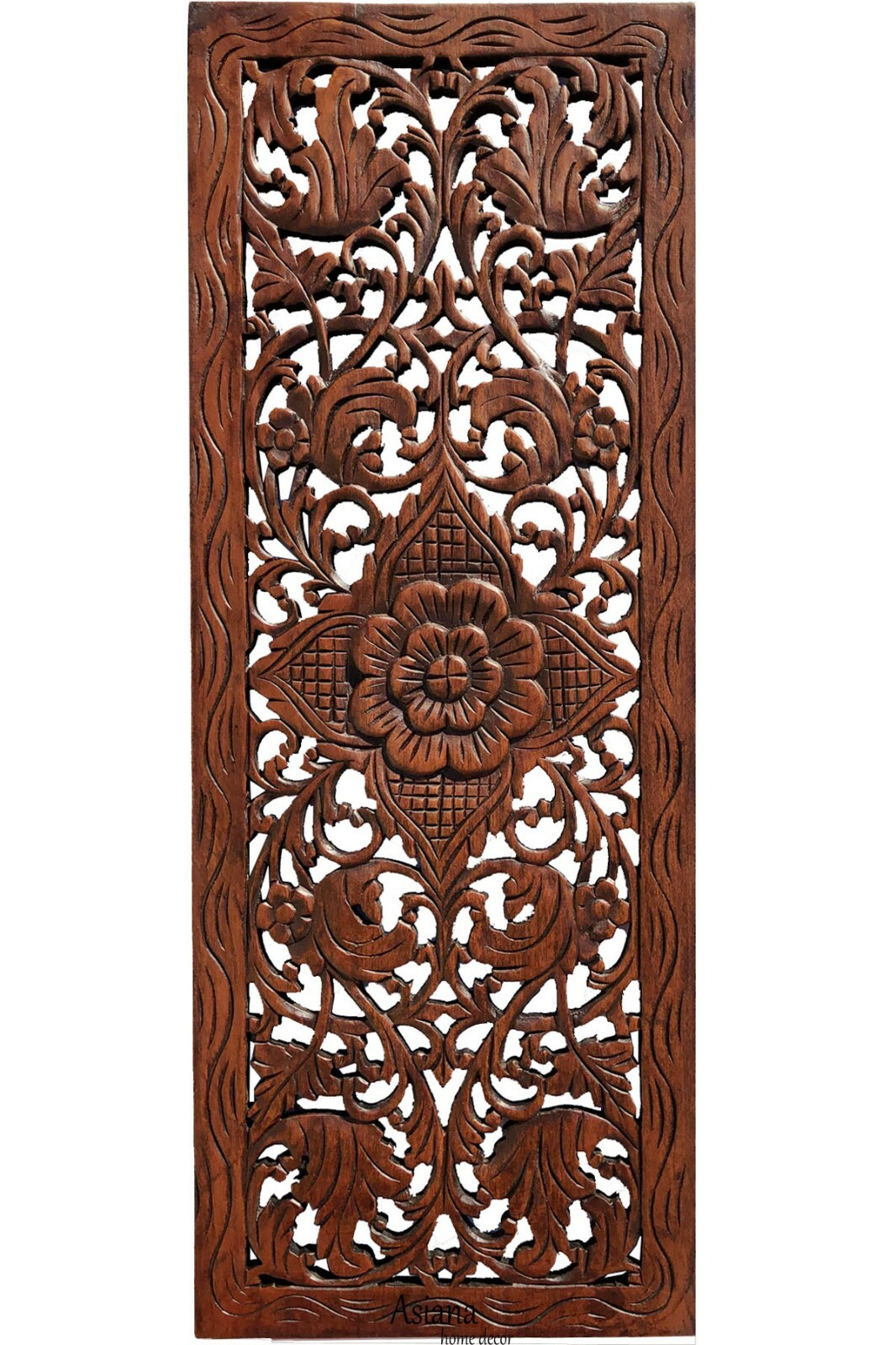 Floral Carved Wood Wall Panel. Teak Wood Wall Decor Hanging. Brown-Red Mahogany