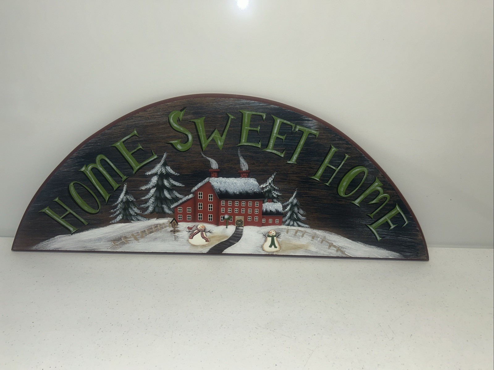 Hand Painted Primitive Home Sweet Home Arch Plaque 33.5”x12” Winter Snowmen