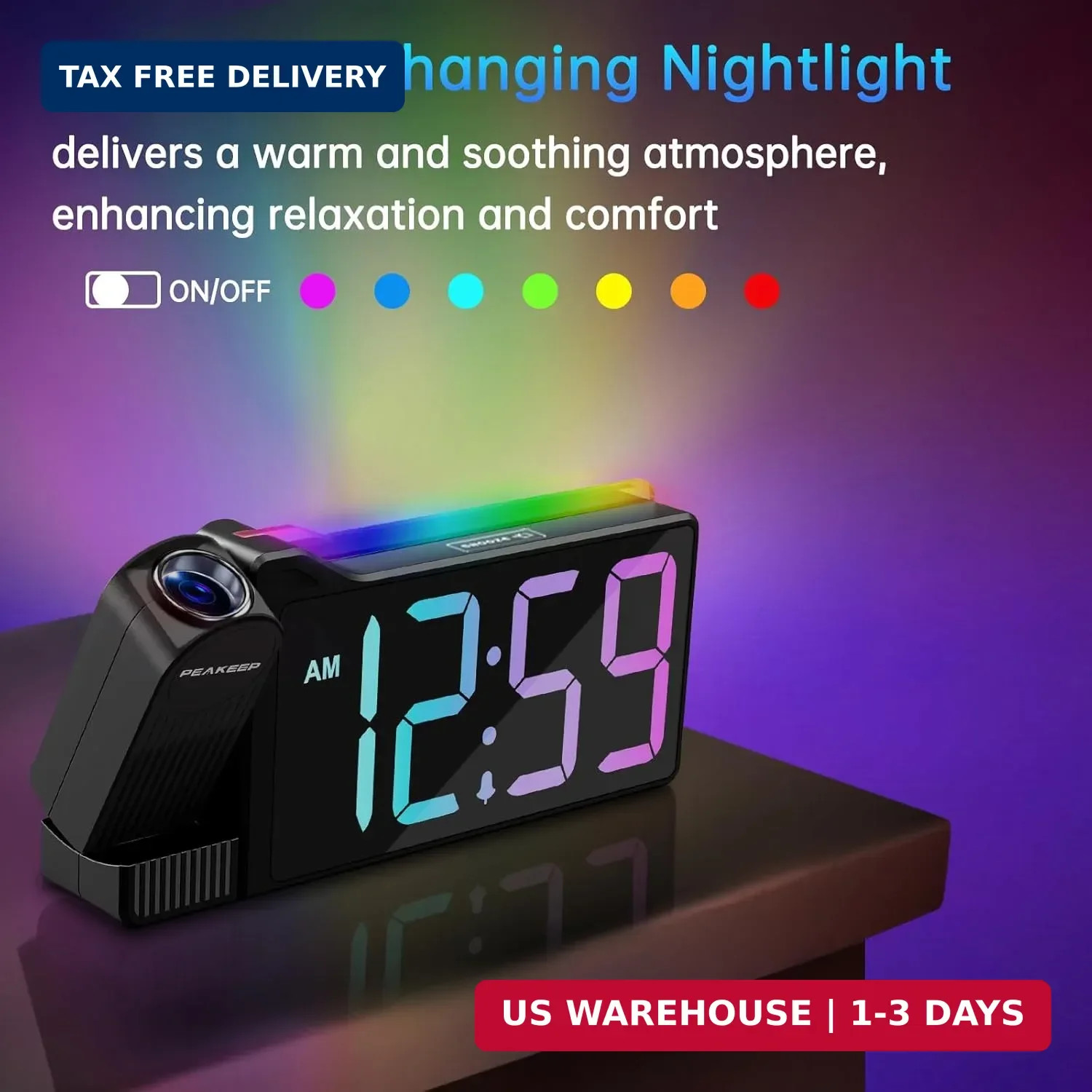 Peakeep Projection Alarm Clock for Bedroom Ceiling, Loud for Heavy Sleepers, RGB