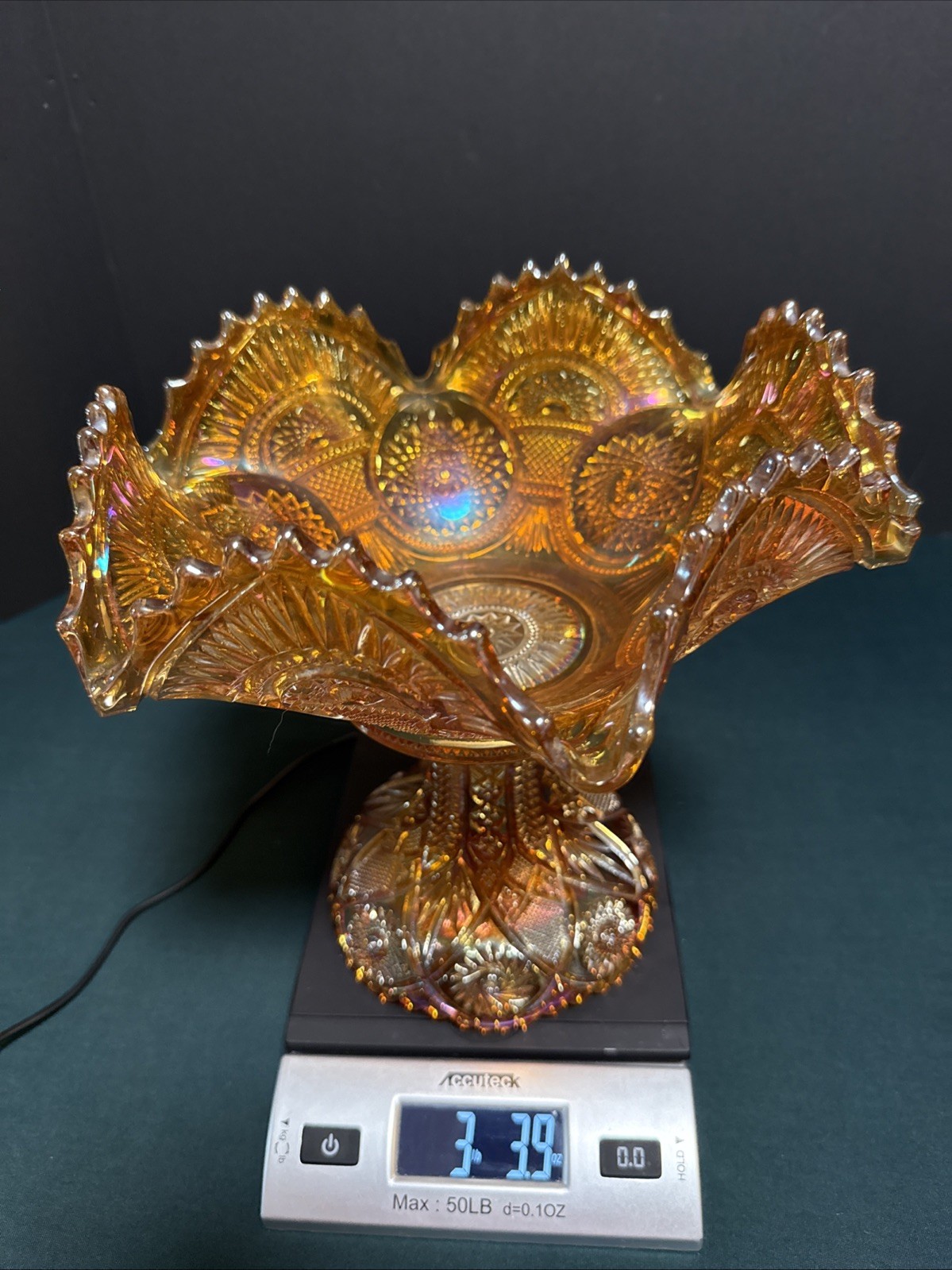 Iridescent Marigold Carnival Glass Centerpiece Serving Fruit Bowl 2 pc. Pedestal