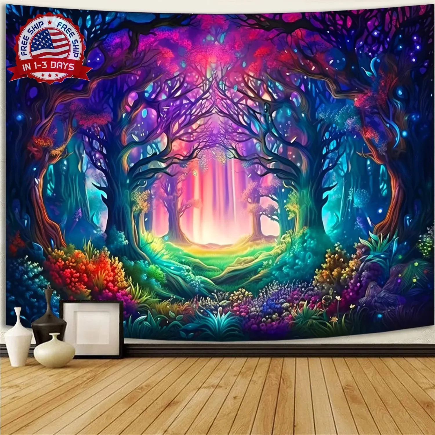 Simpkeely Blacklight Fantasy Forest Tapestry, UV Reactive Nature Magical Tree Gl