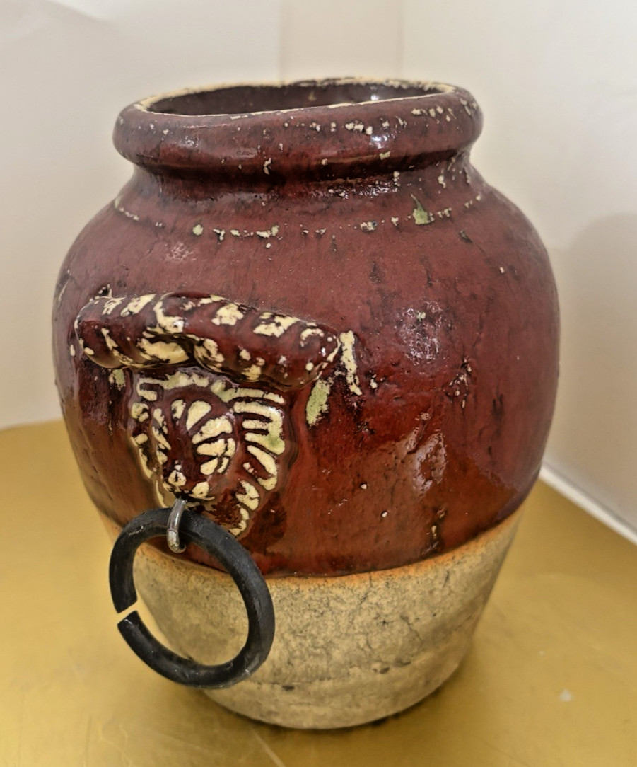 Vintage 19th Cent. French Lion’s head semi-glazed confit/pot/vase w/metal rings