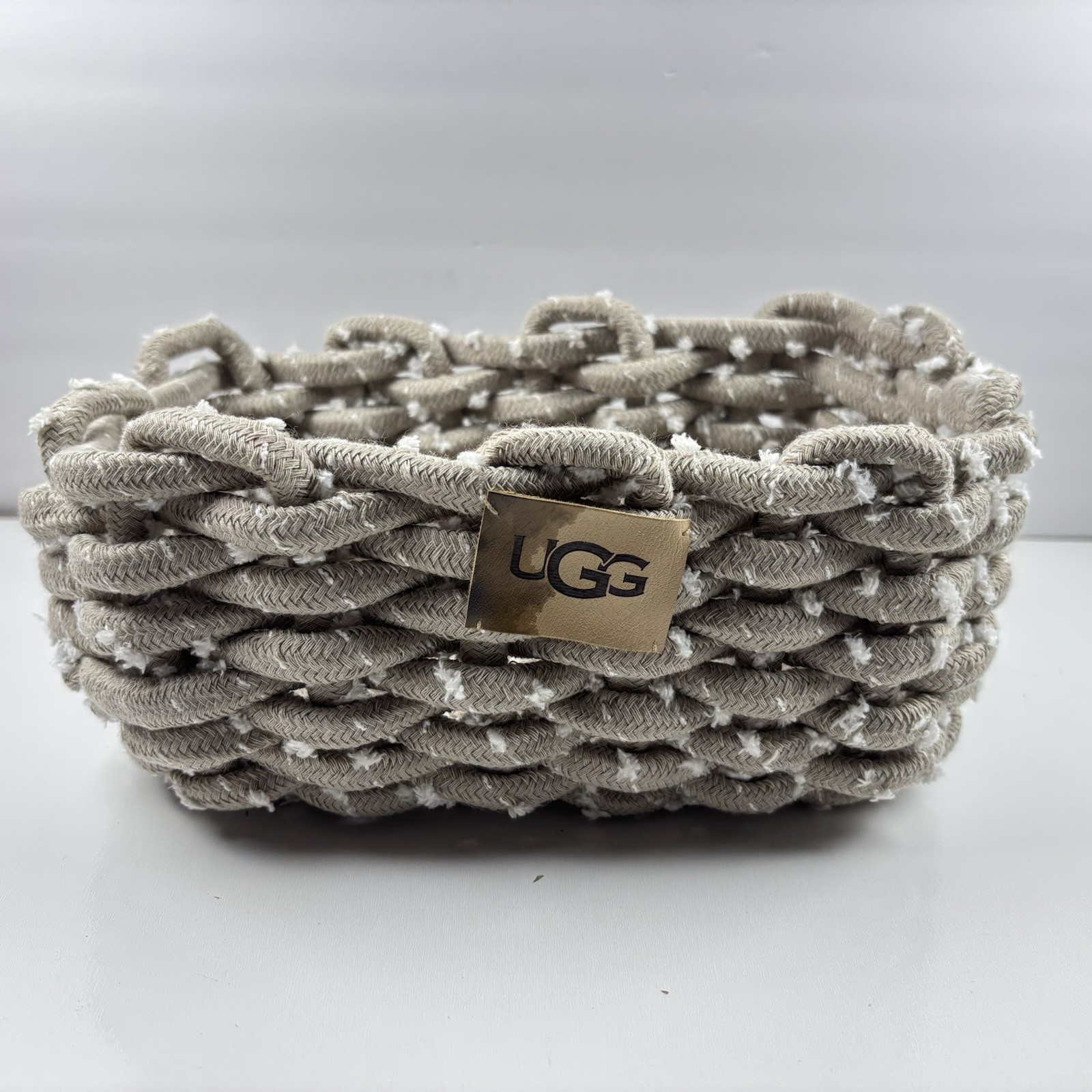UGG Woven Chunky Woven Rope Braid Basket Bin Gray Taupe White 9.5” x 5.75” *READ