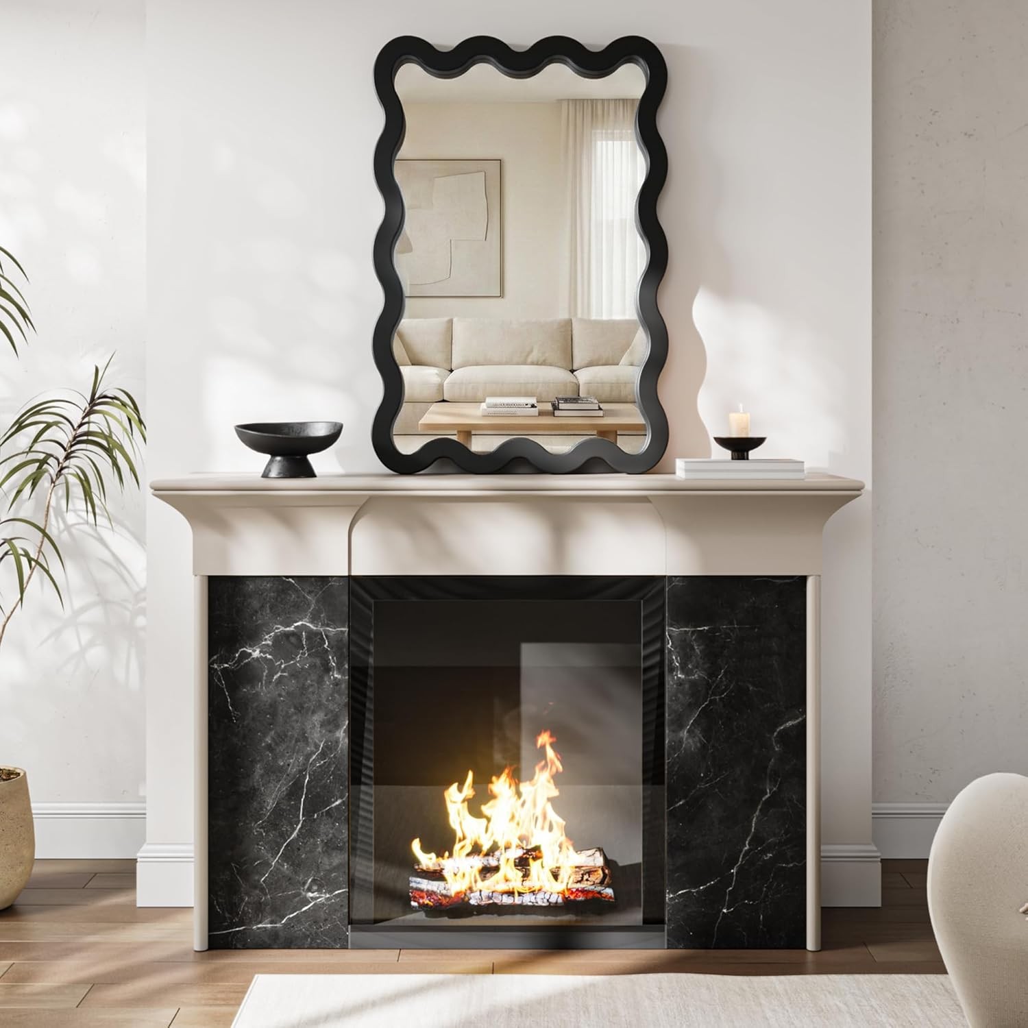 22″x30″ Matte Black Wavy Mirror, Solid Wood Irregular for Powder Room Vanity