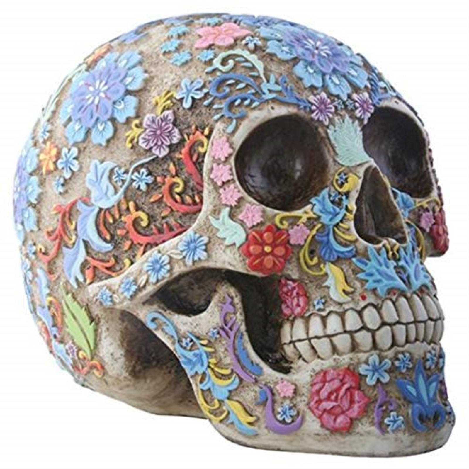 Engraved Colored Floral Human Skull Halloween Figurine Collectible New Colorful