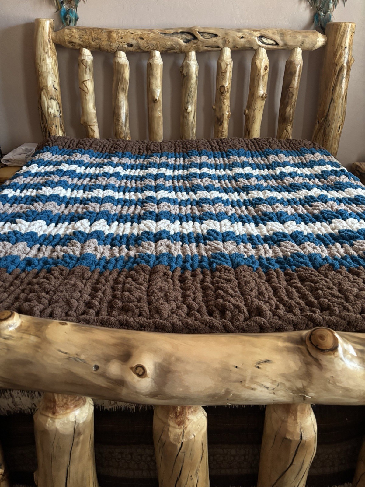 Chunky Knit Textured Striped Bed Throw Blanket, Rustic Multicolor Large