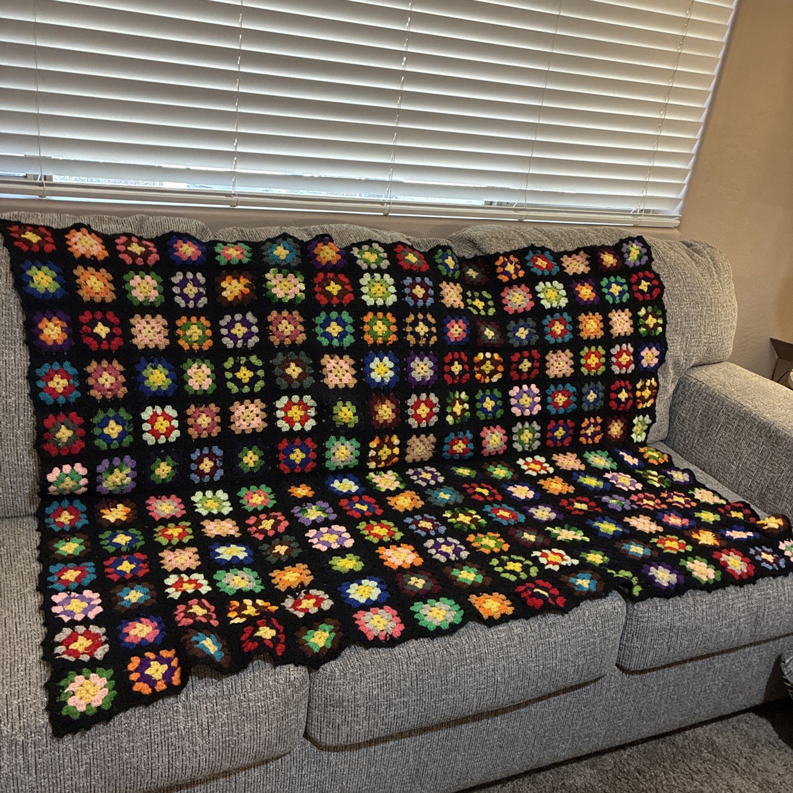Vintage Handmade Crochet Granny Square Afghan Multi-Color Black Boho Throw 62×46