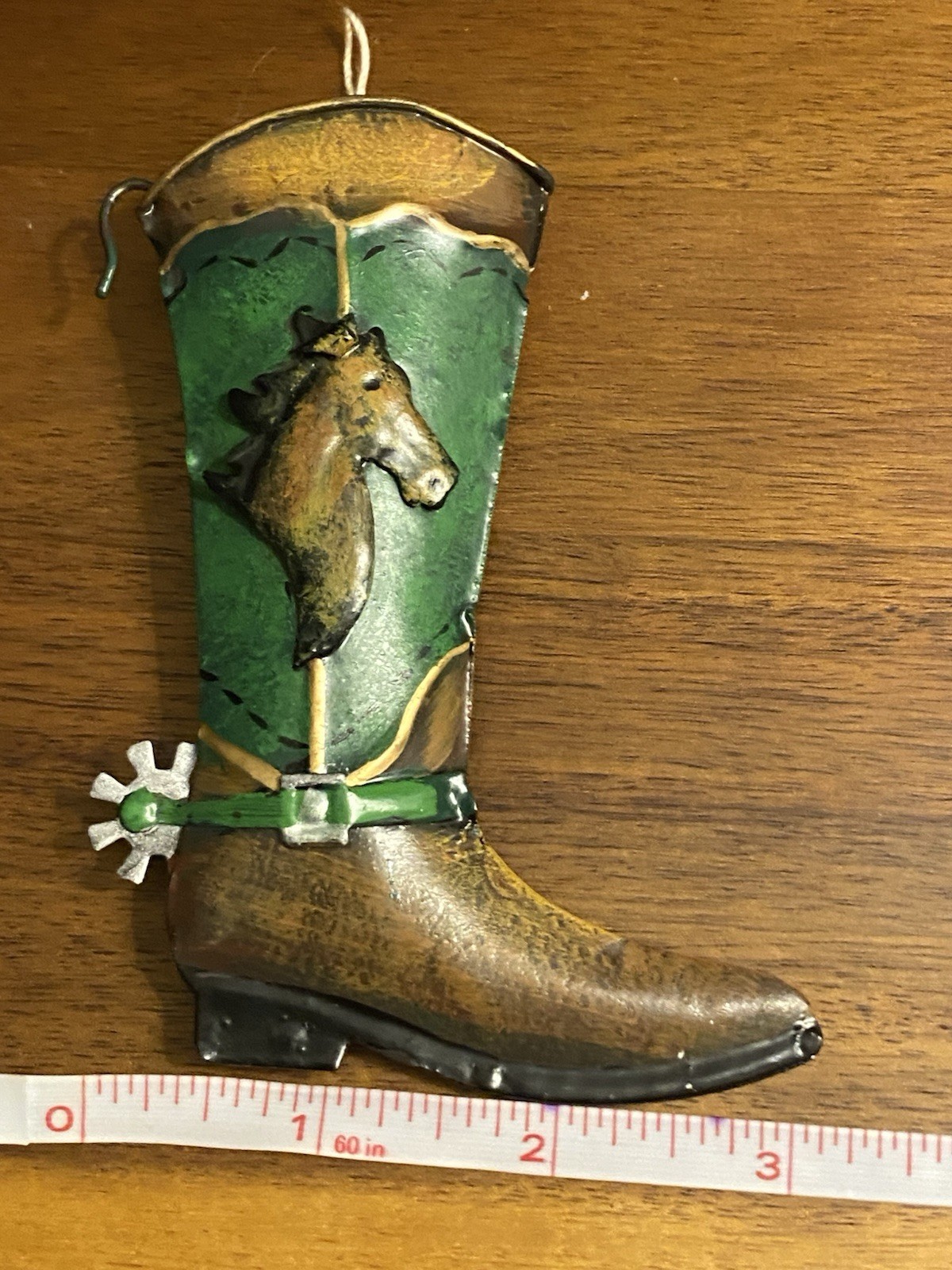 Metal Western Boot Hanging Ornament Spur & Horse Heads Green & Brown 4.25” Tall