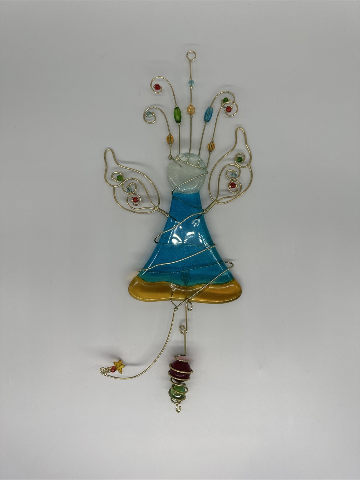 Hanging Fused Stained Glass Angel Wired Suncatcher Colorful Glass Beads 14.5″
