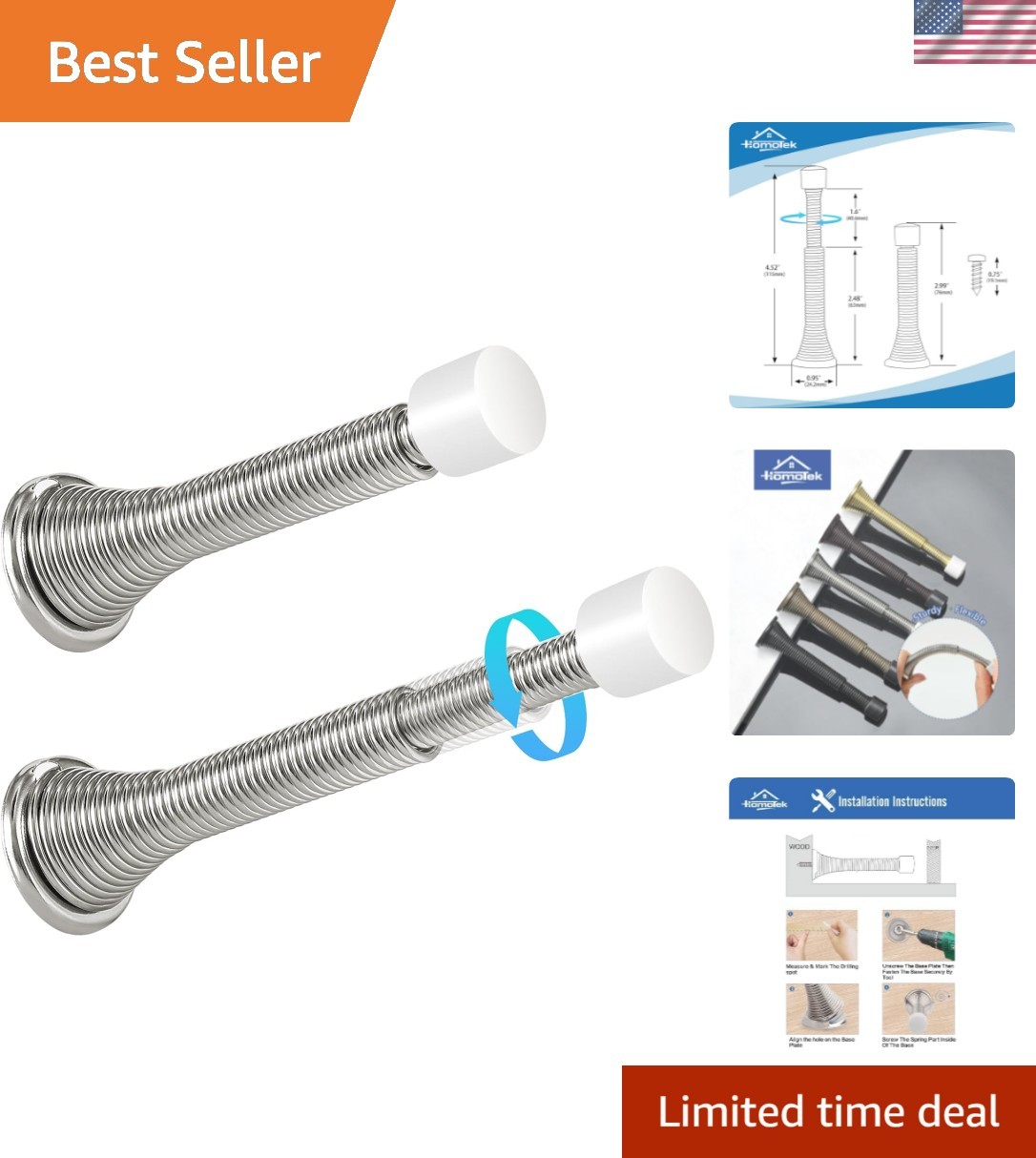2 Pack Telescoping Spring Door Stoppers, Extended from 3-1/8 to 4-1/4 inches …