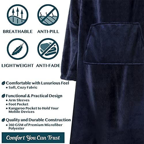 Blanket with Sleeves, Foot Pockets for Women Men Adults, Plush Fleece Navy