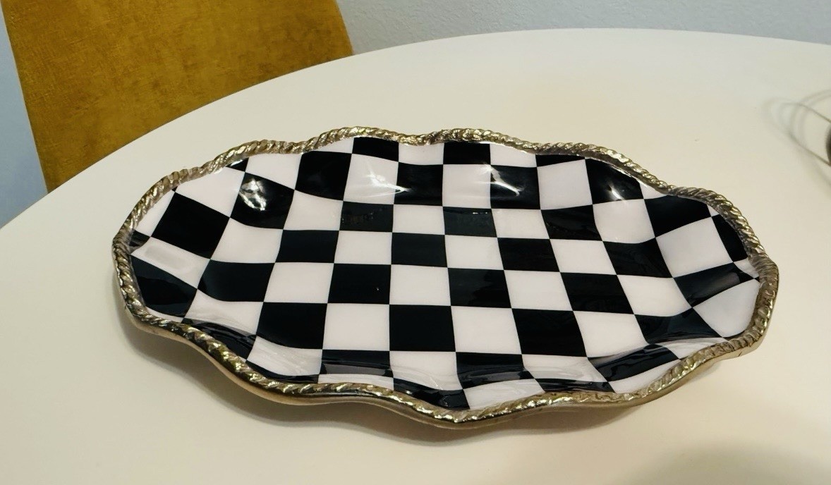 🤍🖤 New Black & White Checked Enamel Golden Metal Trinket Tray