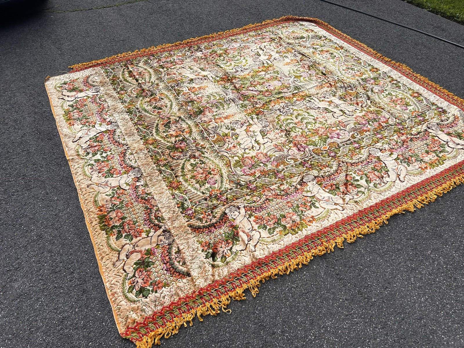Vintage Italian Velvet Cherub & Floral Themed Bedspread / Tapestry with Fringe