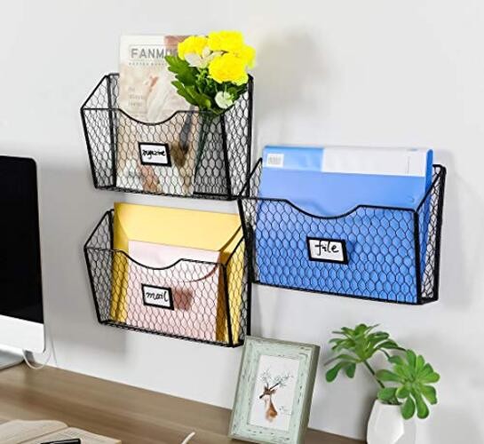 3 Pockets Hanging File Holder Wall Mount Mail Organizer Metal Chicken Black