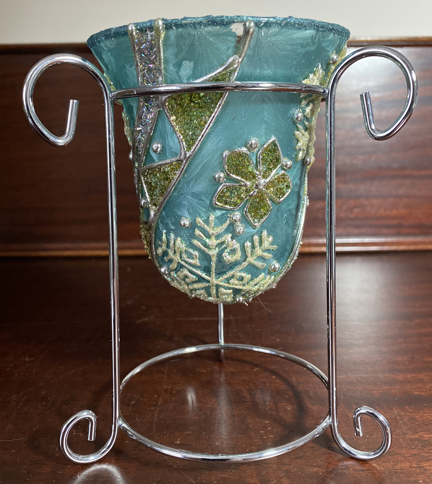 Blue-Green Glass and Metal Snowflake Vase – 6” Tall x 4.75” Wide