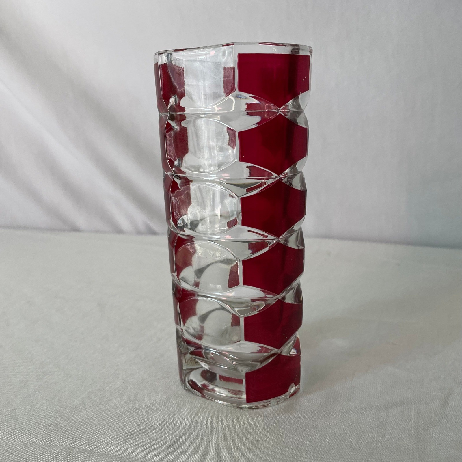 Red Geometric Glass Vase Modernist Decor Table Centerpiece 9 Inches Tall