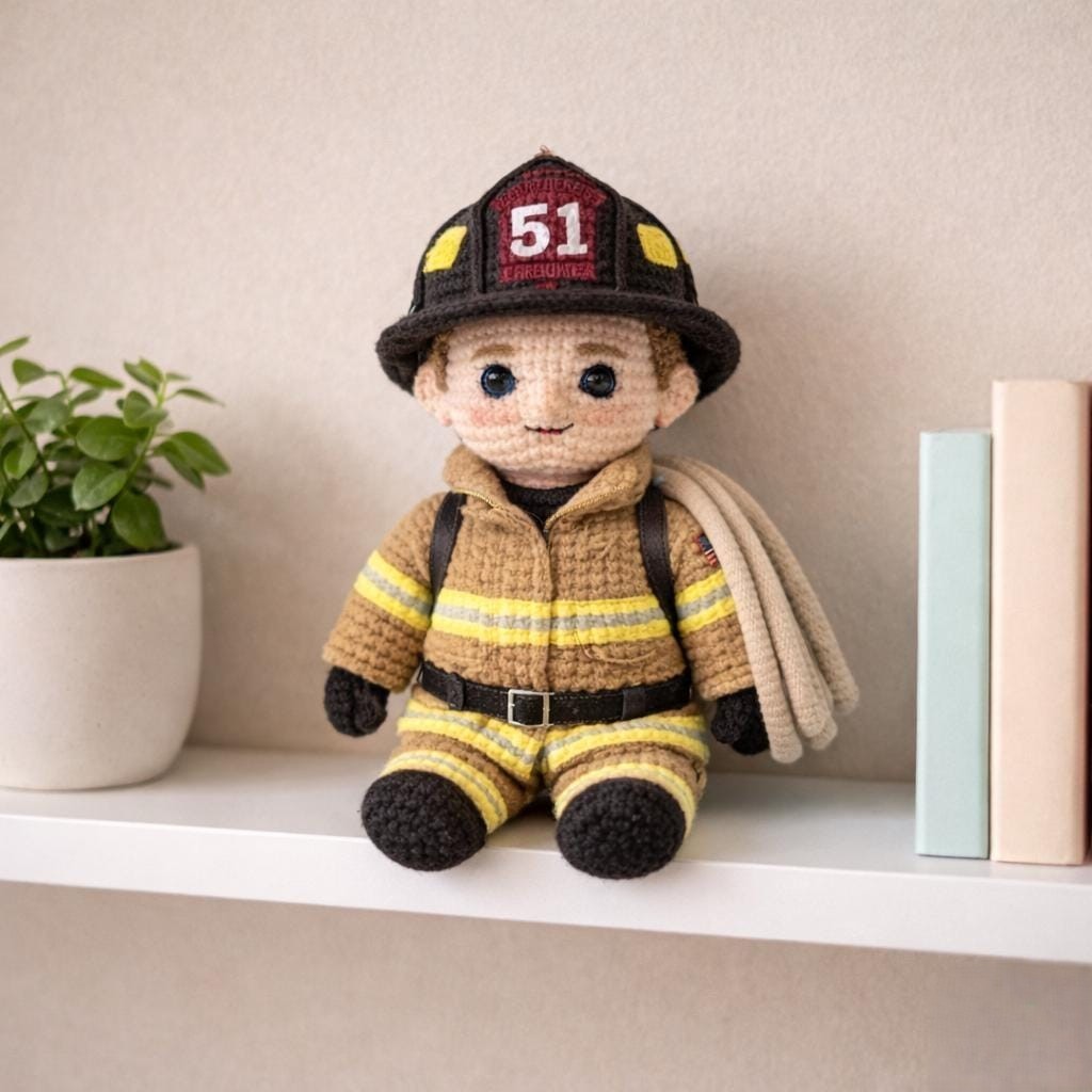 Custom Firefighter Crochet Doll From Photo Handmade Amigurumi Portrait Gift