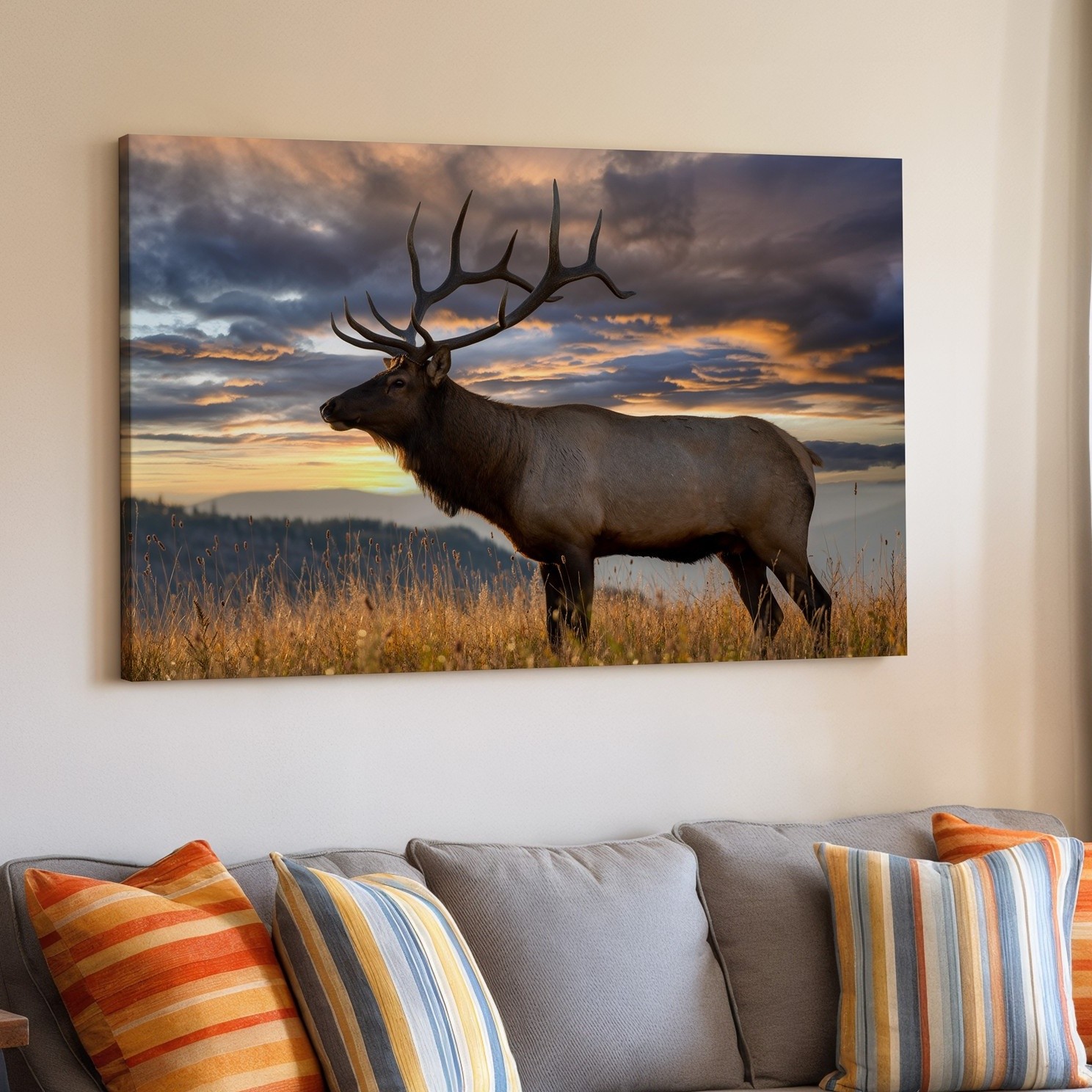 Majestic Elk Stands Proudly In A Golden Field, Its Impressive Antlers Wall Art